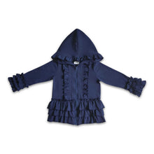 Load image into Gallery viewer, Solid blue zipper jacket girls ruffle hoodie cardigan