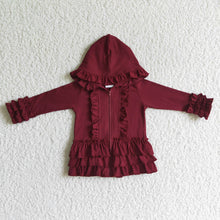 Load image into Gallery viewer, Solid Maroon zipper jacket girls ruffle hoodie cardigan