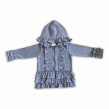 Load image into Gallery viewer, Solid gray zipper jacket girls ruffle hoodie cardigan