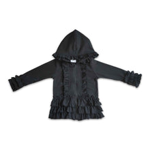 Load image into Gallery viewer, Solid black zipper jacket girls ruffle hoodie cardigan