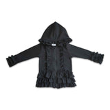 Solid black zipper jacket girls ruffle hoodie cardigan