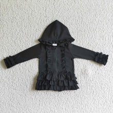 Load image into Gallery viewer, Solid black zipper jacket girls ruffle hoodie cardigan