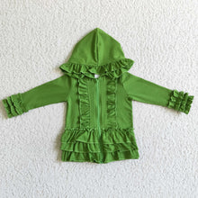 Load image into Gallery viewer, Solid olive zipper jacket girls ruffle hoodie cardigan