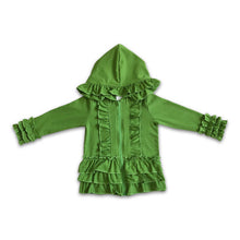 Load image into Gallery viewer, Solid olive zipper jacket girls ruffle hoodie cardigan
