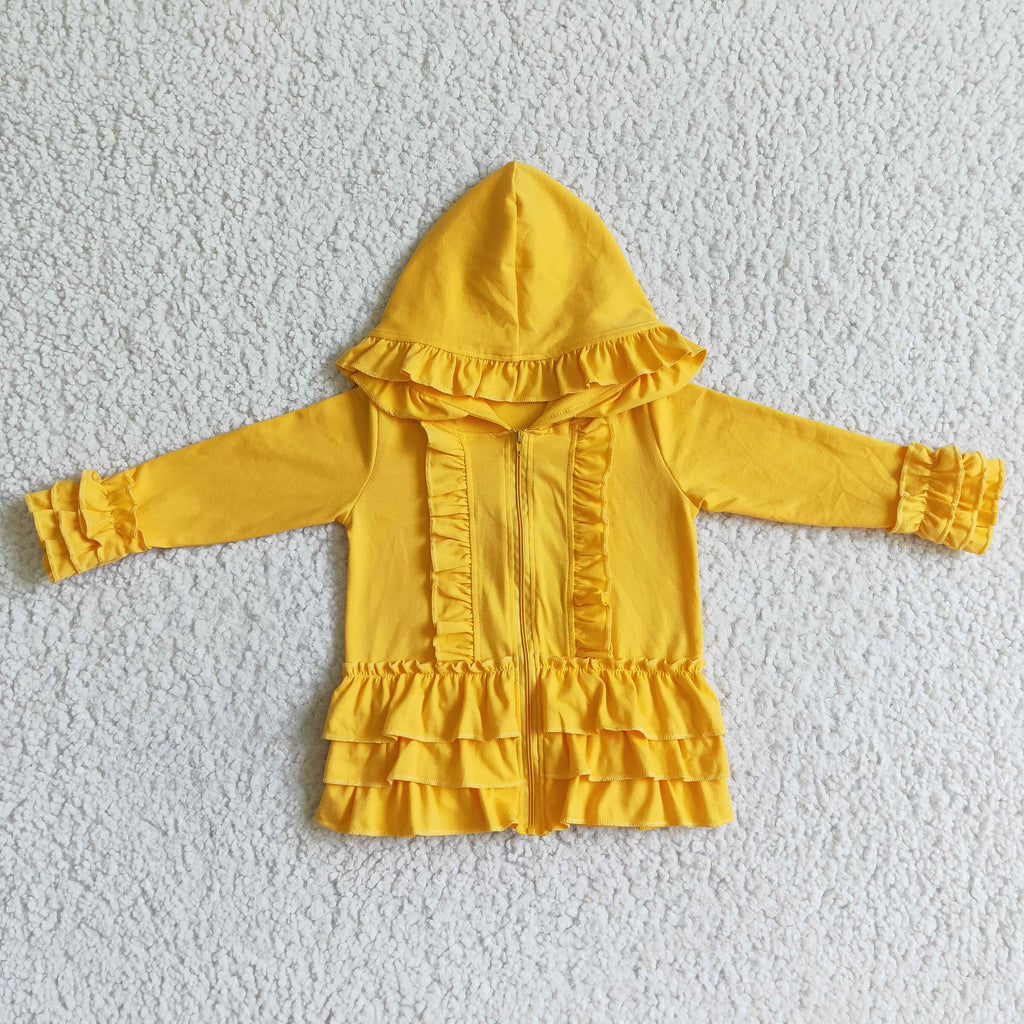 Solid mustard zipper jacket girls ruffle hoodie cardigan