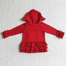 Load image into Gallery viewer, Solid red zipper jacket girls ruffle hoodie cardigan