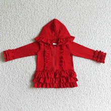 Load image into Gallery viewer, Solid red zipper jacket girls ruffle hoodie cardigan