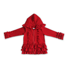 Load image into Gallery viewer, Solid red zipper jacket girls ruffle hoodie cardigan