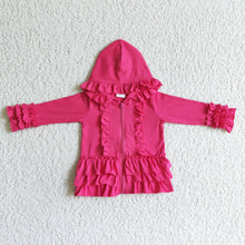 Load image into Gallery viewer, Solid hot pink zipper jacket girls ruffle hoodie cardigan