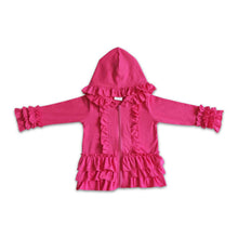 Load image into Gallery viewer, Solid hot pink zipper jacket girls ruffle hoodie cardigan