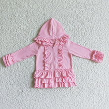 Load image into Gallery viewer, Solid pink zipper jacket girls ruffle hoodie cardigan