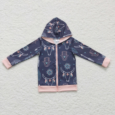 Bull skull feather zipper hoodie girls western jacket