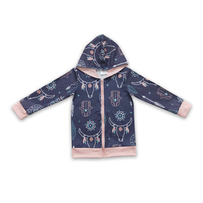 Bull skull feather zipper hoodie girls western jacket