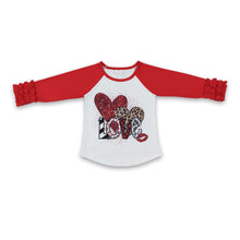 Load image into Gallery viewer, Love heart lip red icing ruffle raglans girls Valentine's shirt