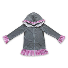 Load image into Gallery viewer, Grey cotton pink plaid zipper hooded girls jacket