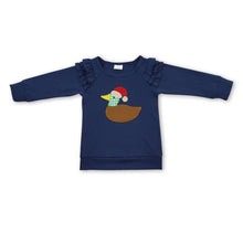 Load image into Gallery viewer, Duck Christmas hat navy ruffle kids girls shirt