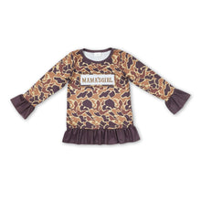 Load image into Gallery viewer, Brown camo Mama's girl ruffle baby kids shirt