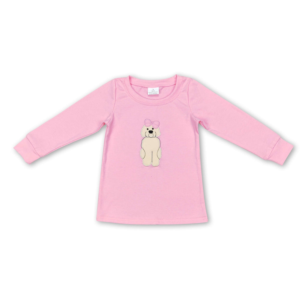 Pink dog bow long sleeves kids girls shirt
