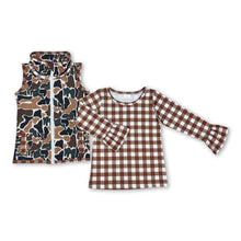 Load image into Gallery viewer, Sleeveless camo vest plaid shirt girls clothing set