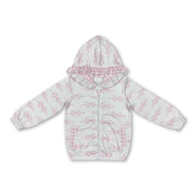 Load image into Gallery viewer, White pink bow ruffle pocket zipper baby girls hooded jacket