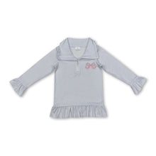 Load image into Gallery viewer, Long sleeves light blue stripe bow ruffle baby girls zip pullover