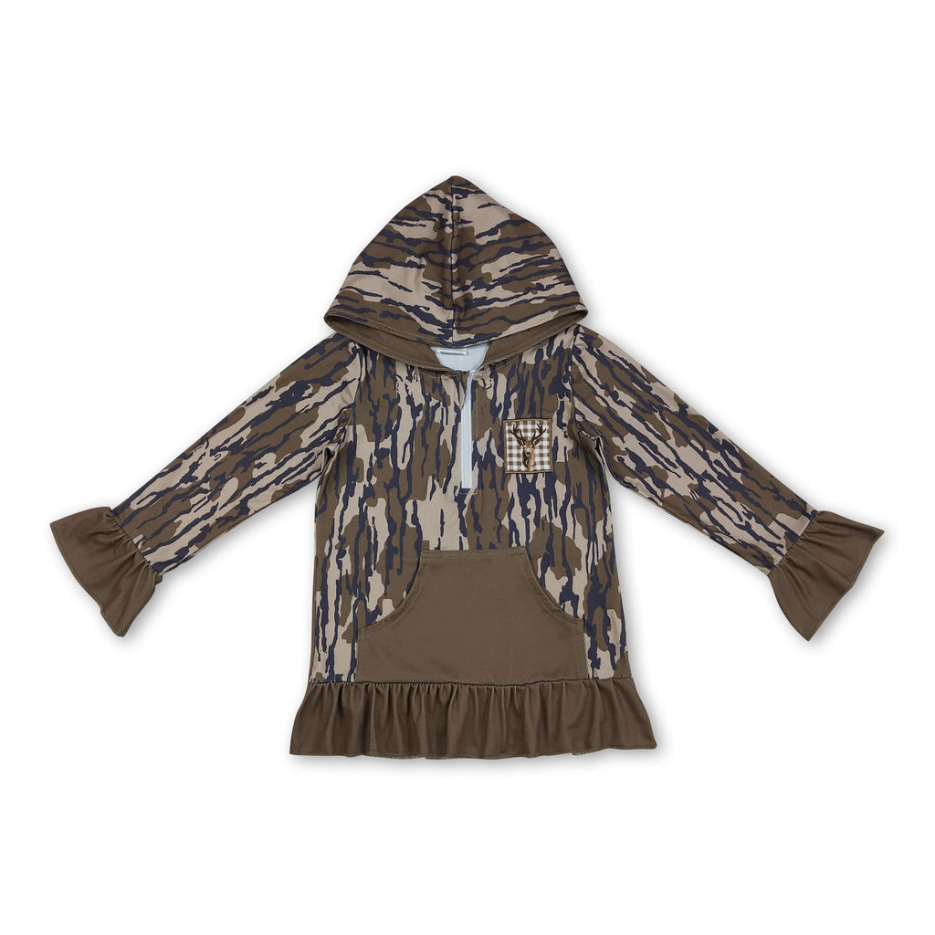 Ruffle pocket deer camo girls zipper pullover