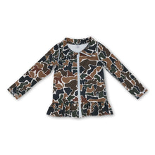 Load image into Gallery viewer, Long sleeves brown camo ruffle zipper girls yoga top