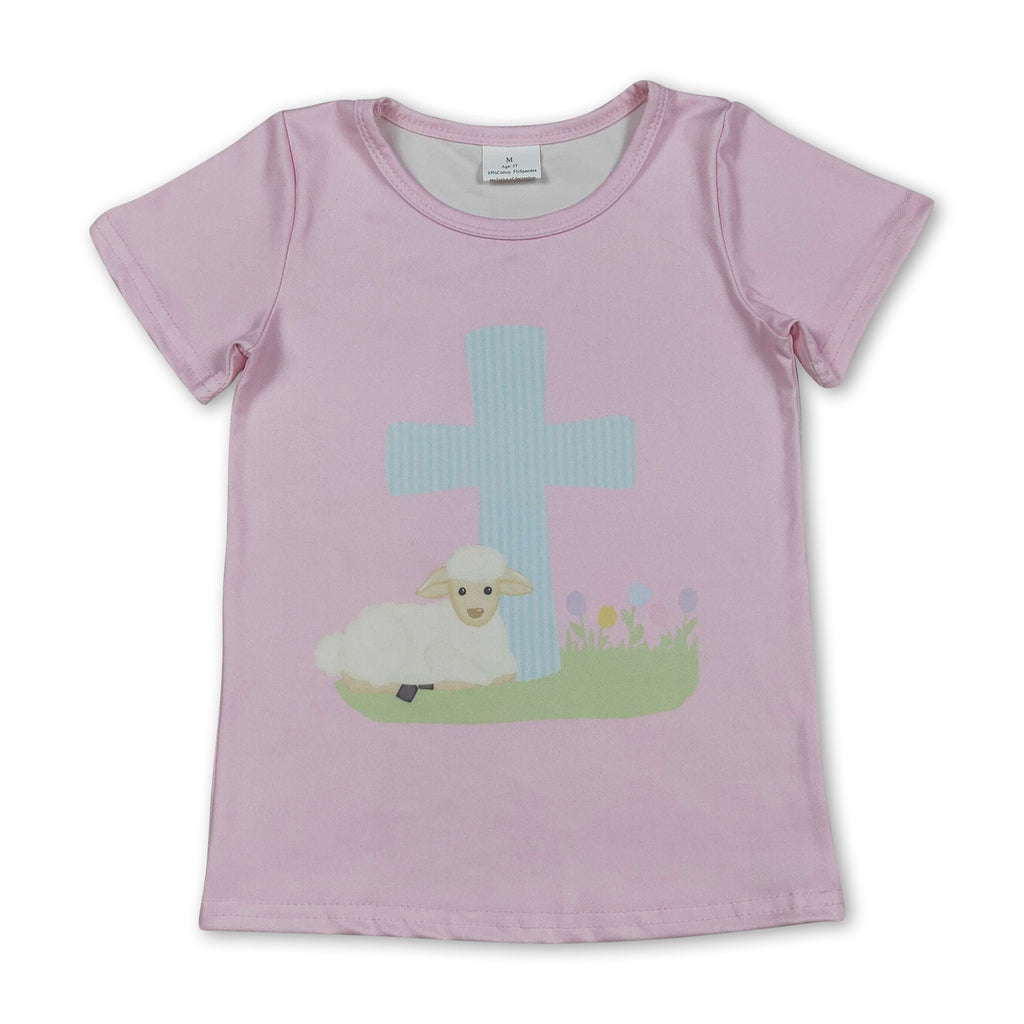 Pink short sleeves cross goat kids girls Easter shirt