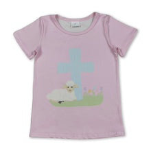 Load image into Gallery viewer, Pink short sleeves cross goat kids girls Easter shirt