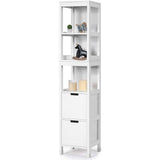 Bathroom Cabinet Tower with 2 Storage Drawers and 3 Shelves in White Wood Finish