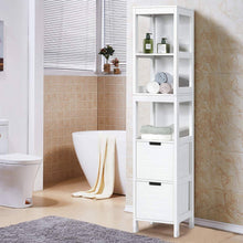 Load image into Gallery viewer, Bathroom Cabinet Tower with 2 Storage Drawers and 3 Shelves in White Wood Finish
