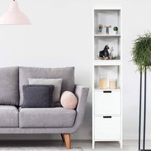 Load image into Gallery viewer, Bathroom Cabinet Tower with 2 Storage Drawers and 3 Shelves in White Wood Finish
