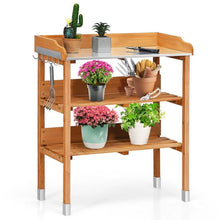 Load image into Gallery viewer, Solid Wood Outdoor Garden Bench Table with Bottom Storage Shelves and Metal Top