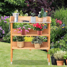Load image into Gallery viewer, Solid Wood Outdoor Garden Bench Table with Bottom Storage Shelves and Metal Top