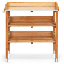 Load image into Gallery viewer, Solid Wood Outdoor Garden Bench Table with Bottom Storage Shelves and Metal Top