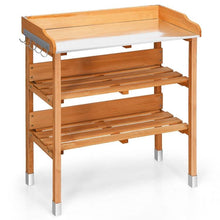 Load image into Gallery viewer, Solid Wood Outdoor Garden Bench Table with Bottom Storage Shelves and Metal Top