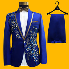 Load image into Gallery viewer, Blue Embroidered Slim Fit Blazer 4 Pcs Suit Men's