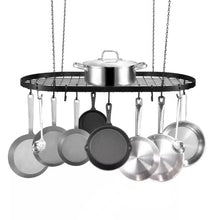 Load image into Gallery viewer, Black Carbon Steel Ceiling Mount Oval Hanging Kitchen Pot Rack with 12 Hooks