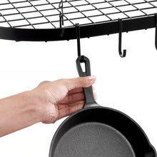 Load image into Gallery viewer, Black Carbon Steel Ceiling Mount Oval Hanging Kitchen Pot Rack with 12 Hooks