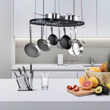 Load image into Gallery viewer, Black Carbon Steel Ceiling Mount Oval Hanging Kitchen Pot Rack with 12 Hooks