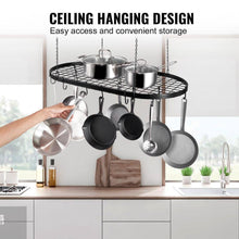 Load image into Gallery viewer, Black Carbon Steel Ceiling Mount Oval Hanging Kitchen Pot Rack with 12 Hooks