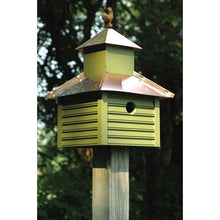 Load image into Gallery viewer, Pinion Green Birdhouse with White / Bright Copper Roof and Rooster Top