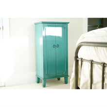 Load image into Gallery viewer, Vintage Turquoise Hand Painted Jewelry Armoire with Antique Drawer Pulls