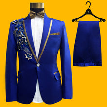 Load image into Gallery viewer, Blue Embroidered Slim Fit Blazer 4 Pcs Suit Men's