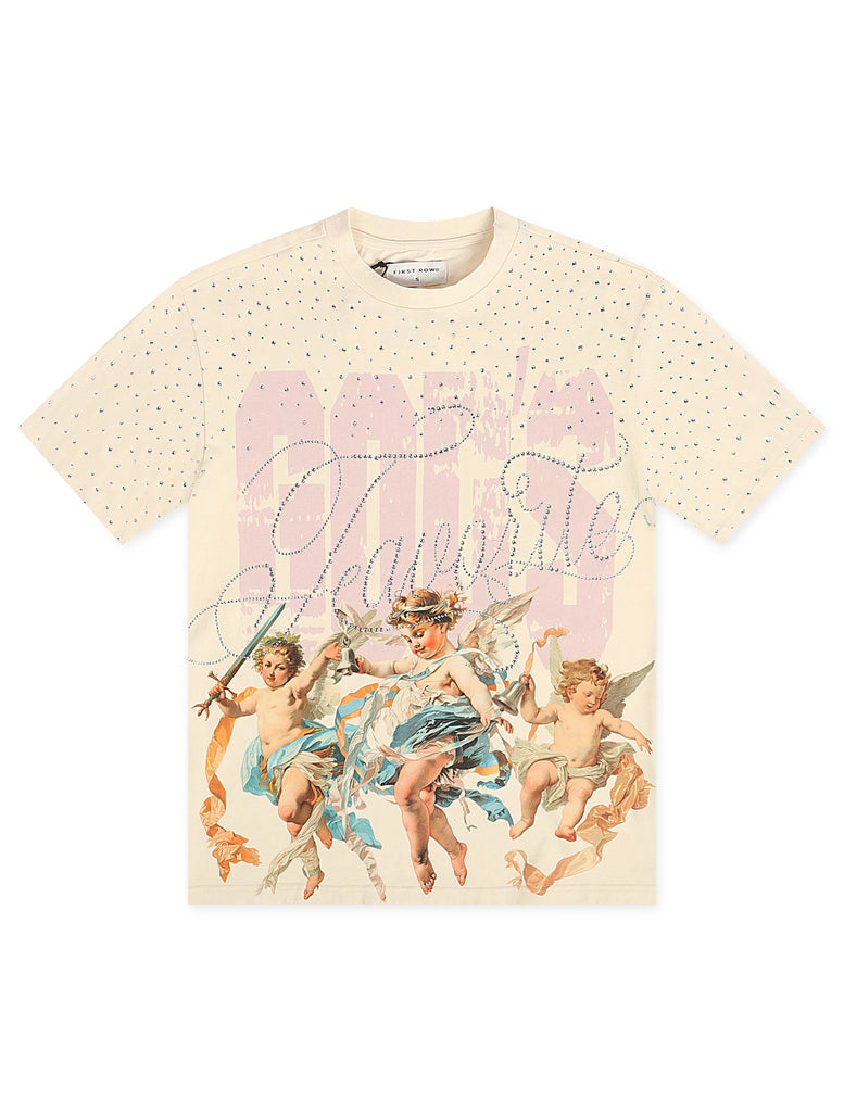 First Row Cropped Washed Rhinestone Tee - Cream