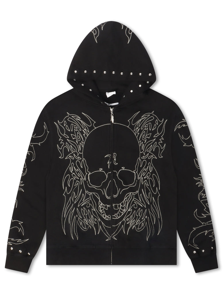 Revenge Tribal Skull Studded Zip-Up - Black/Silver