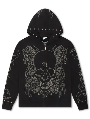 Revenge Tribal Skull Studded Zip-Up - Black/Silver