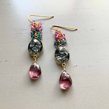 Load image into Gallery viewer, Pink Rhodolite Garnet and Rutilated Quartz Bezel Cluster Earrings