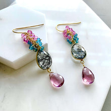 Load image into Gallery viewer, Pink Rhodolite Garnet and Rutilated Quartz Bezel Cluster Earrings