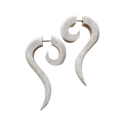 White Spiral or Hook Faux Gauge Earrings Boho Organic Wooden Post Stud Lightweight Tribal Jewelry